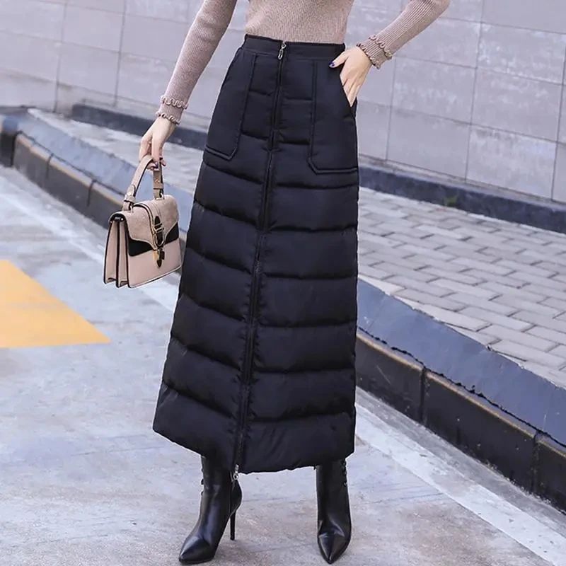 Saia de Algodão Quente de Inverno Grossa Feminina Outono Inverno Nova Saia de Algodão Para Baixo Calça Meia-Corpo 2025 Nova Saia de Inverno Vestido Longo