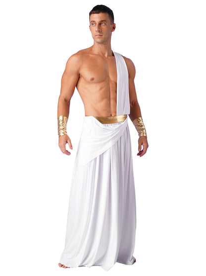 Mens Ancient Greek God Toga Gladiator Costume Roman Emperor One Shoulder Sleeveless Robe Halloween Medieval Warrior Dress Up