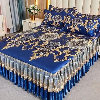 Kit 3 Peças de Lençol de Casal com Renda Clássica Azul Royal, Saia para Cama, Colcha de Casamento Lavável à Máquina, Capa de Colchão