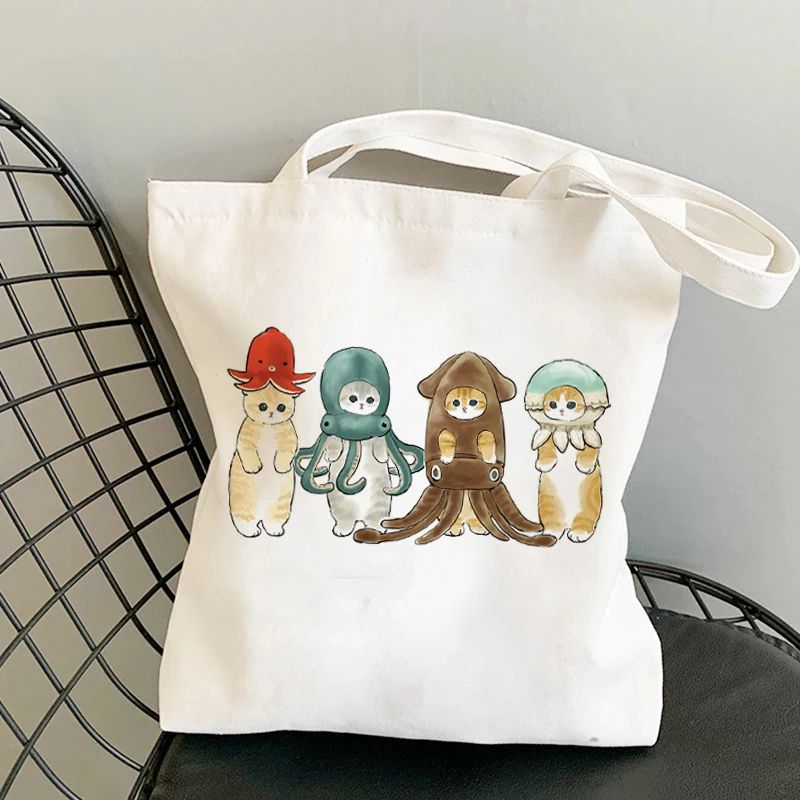 Kawaii Cats Manga Cartoon Reusable Tote Bag Women's High Capacity Versatile Canvas Shoulder Bag, Beach Shopper Handbag