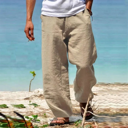 Men's Linen Beach Pants Breathable Loose Straight Trousers Male Summer Casual Solid Color Japanese Streetwear