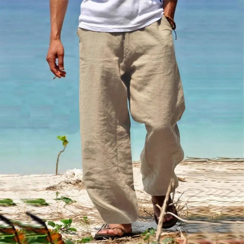 Men's Linen Beach Pants Breathable Loose Straight Trousers Male Summer Casual Solid Color Japanese Streetwear