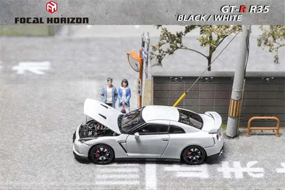 Focal Horizon 1:64 Skyline GTR R35 Preto / Branco Capô Articulado Miniatura de Carro Die-Cast Colecionável