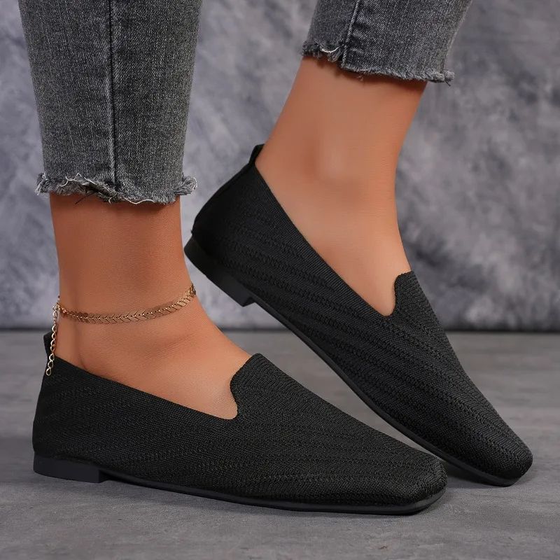 2025 Solid Color Square Toe Mesh Loafers Shallow Women Flats Shoes Soft Bottom Knit Ballet Flats Shoes Casual Slip on Shoes