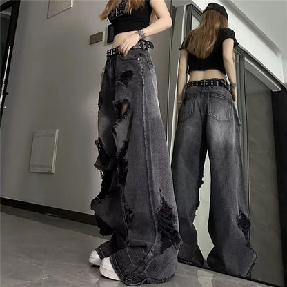 Unique Cool Ripped Jeans Women's Summer Distressed American Style Bell Bottoms Loose Fit Versatile Straight Leg Long Pants