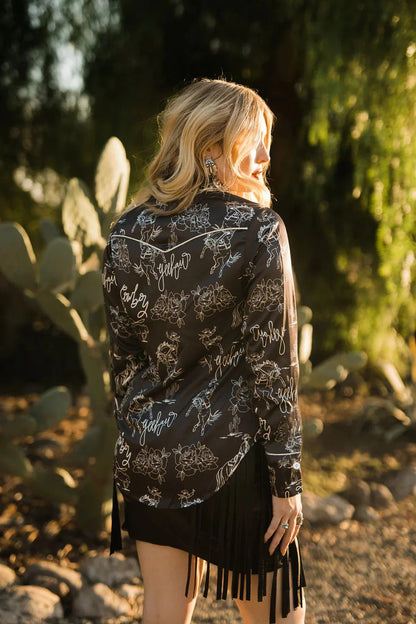 2025 New Women's Slim Fit Long Sleeve Shirt Western Cowboy Ethnic Streetwear Print Collared Denim Button up Fashionable Top