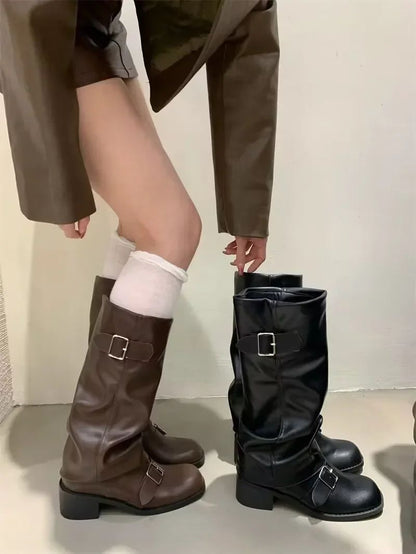 Woman Boots Knee High Platform Chunky Heels Trend Punk Gothic New Rock Leather Fashion Women's Shoes Motorcycle Footwear