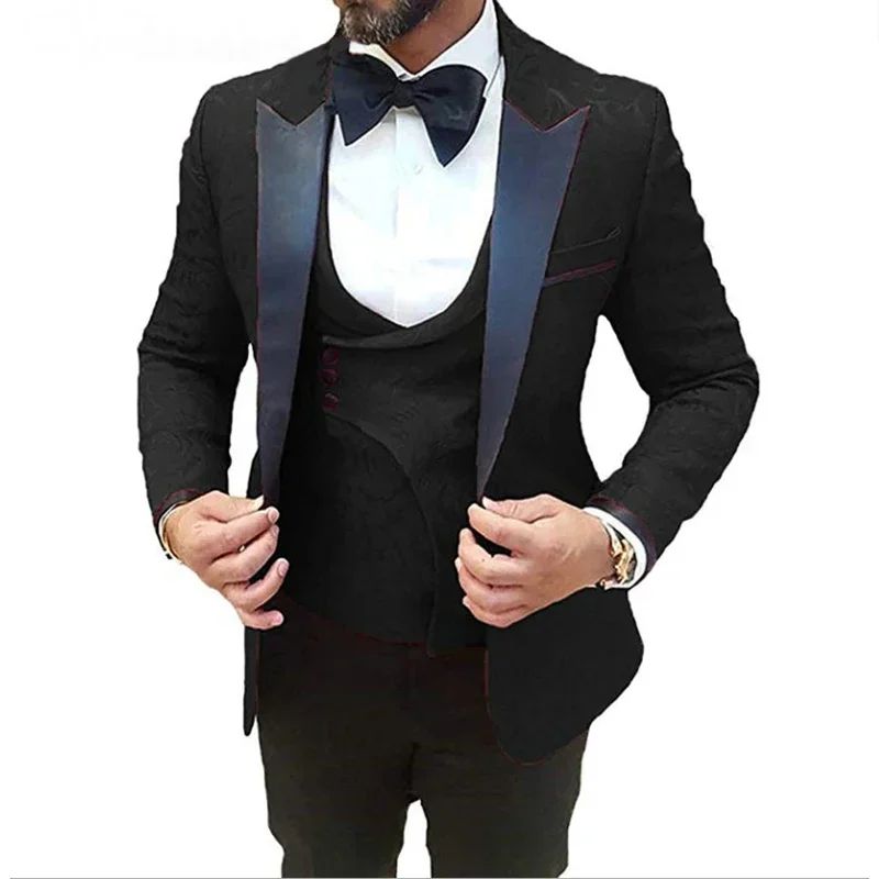 Fashion Purple Jacquard Men Suit Wedding Groom Tuxedo Prom Slim Fit Blazer Hombre High Quality Custom 3 Piece Set Costume Homme