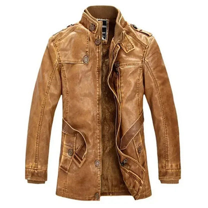 Men Slim Warm Washed Leather Motorcycle Jacket High Quality Leather Jacket Mens Standing Collar Coat Plus Size 4XL Long Parkas