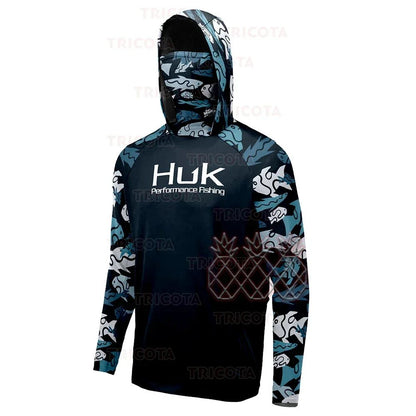 Camisetas de Pesca HUK UPF 50+ Manga Longa com Capuz e Proteção Facial Secagem Rápida Moletom Respirável Proteção UV Masculina
