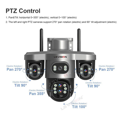 LS VISION 20MP 10X Optical Zoom Three PTZ Lens Solar Camera Outdoor WiFi/4G Three Screen Auto Tracking Security Cameras V380 Pro