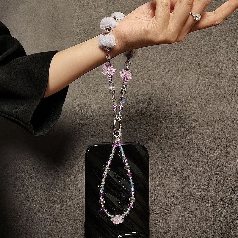 Autumn/Winter Plush Phone Strap Floral Beaded Crystal Pom-Pom Handbag Chain New Trendy Accessory for Smartphones