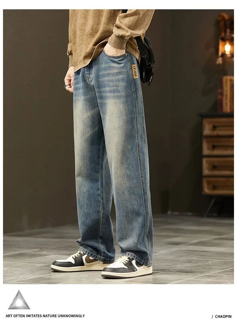 Streetwear Vintage Jeans Men's New Personality Thin Fashion Personalized Loose Trousers Casual Straight Wide Denim Pants Male