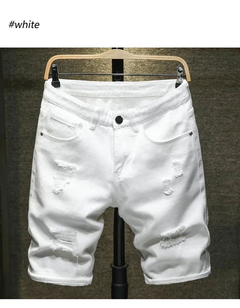 Streetwear Ripped White Denim Shorts Men New Fashion Knee Length Jeans Simple Casual Slim Hole Short Pants Male