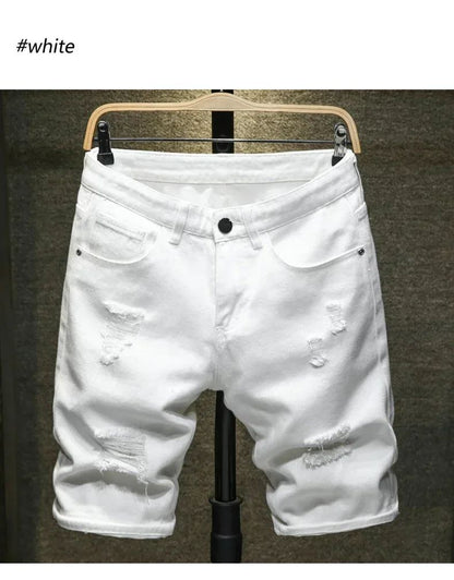 Streetwear Ripped White Denim Shorts Men New Fashion Knee Length Jeans Simple Casual Slim Hole Short Pants Male