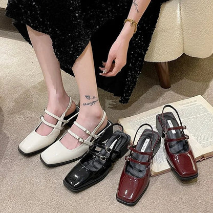 2024 Spring New Retro Small Leather Shoes Square Head Double Buckle Strap Mary Jane Thick Heels Sandals for Women