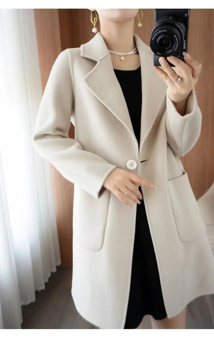 Ladies' Fashionable Woolen Coat Autumn Winter High End Medium Length Leisure Style Woolen Outerwear Pure Color Full Sleeve