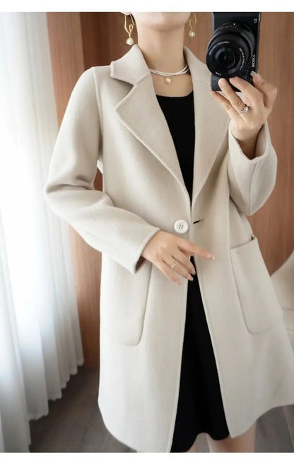 Ladies' Fashionable Woolen Coat Autumn Winter High End Medium Length Leisure Style Woolen Outerwear Pure Color Full Sleeve