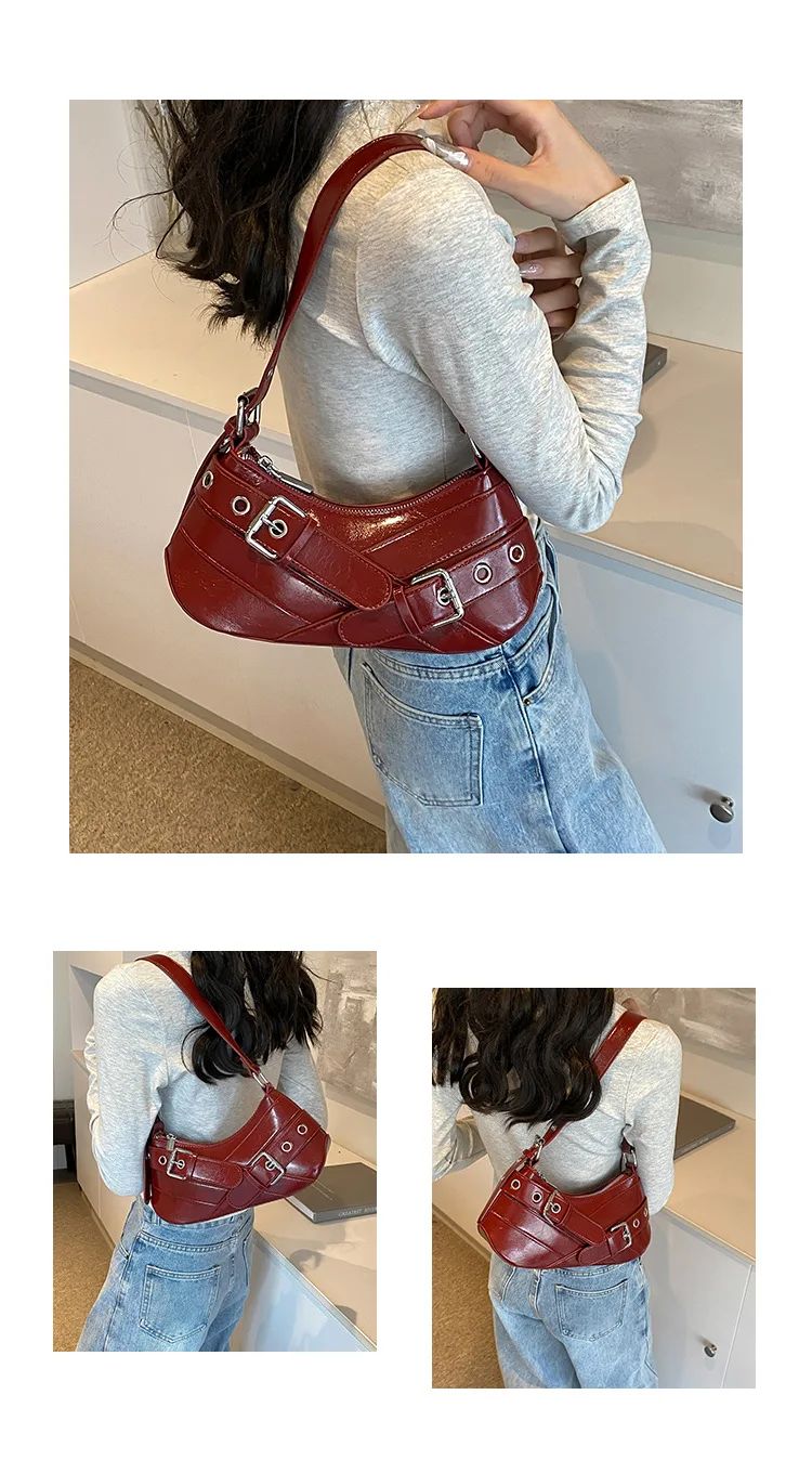 Red Vintage Shoulder Bag Y2K Belt Design PU Leather Underarm Bags for Women Trend Hot Cool Girl Crossbody Bag Punk Style Handbag