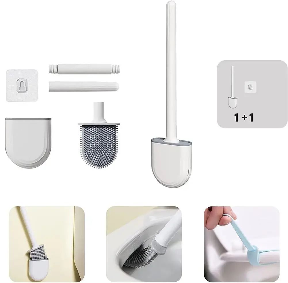 Wall-Mounted Silicone Toilet Brush Set-Easy-Install, Long-Handle,No Dead Corners,Efficient Cleaning,Portable Design with Holder