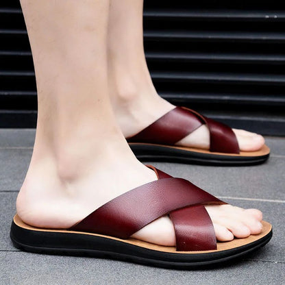 Men Shoes New  Summer Shoes Italian Leather Slippers Men High Quality Size 38-47 Beach Slip on Flats Man Flip Flops Mens Sandals