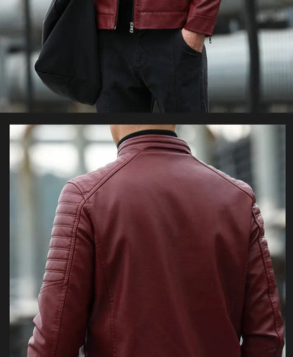Men's Fleece Lined Biker Jacket Stand Collar Casual Versatile Spring Autumn Leather Coat for Students Fashionable Outerwear