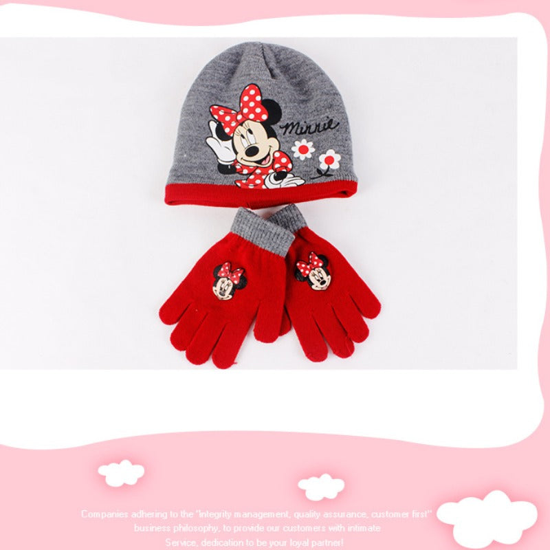 Disney Minnie Mouse Conjunto de Luvas e Gorro de Tricô Desenho Animado Infantil Doce Touca Menina Gorro Gorrinho Menina Acessórios Quentes de Inverno ao Ar Livre