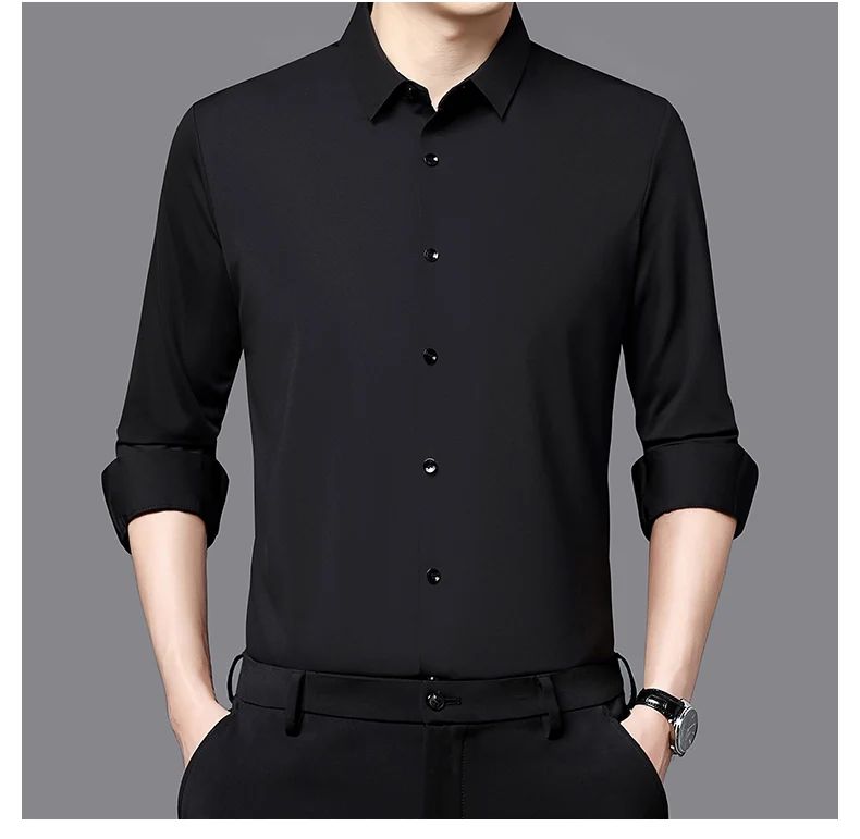 Seamless Anti-wrinkle Business Silky High Elastic Spandex Men's Long-sleeved Shirt Formal Social Non-iron Solid Color Casual