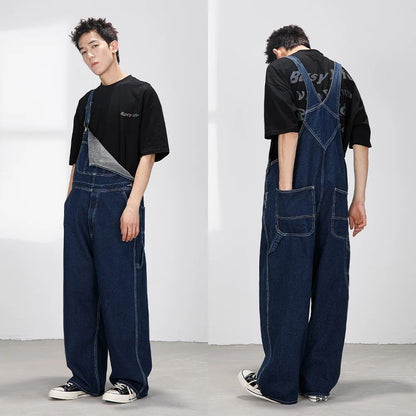 Macacão Jeans Retrô Estilo Japonês Casual Perna Reta Roupa de Trabalho Streetwear Americano Macacão Jeans Masculino e Feminino Folgado