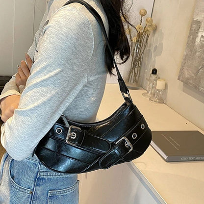 Red Vintage Shoulder Bag Y2K Belt Design PU Leather Underarm Bags for Women Trend Hot Cool Girl Crossbody Bag Punk Style Handbag