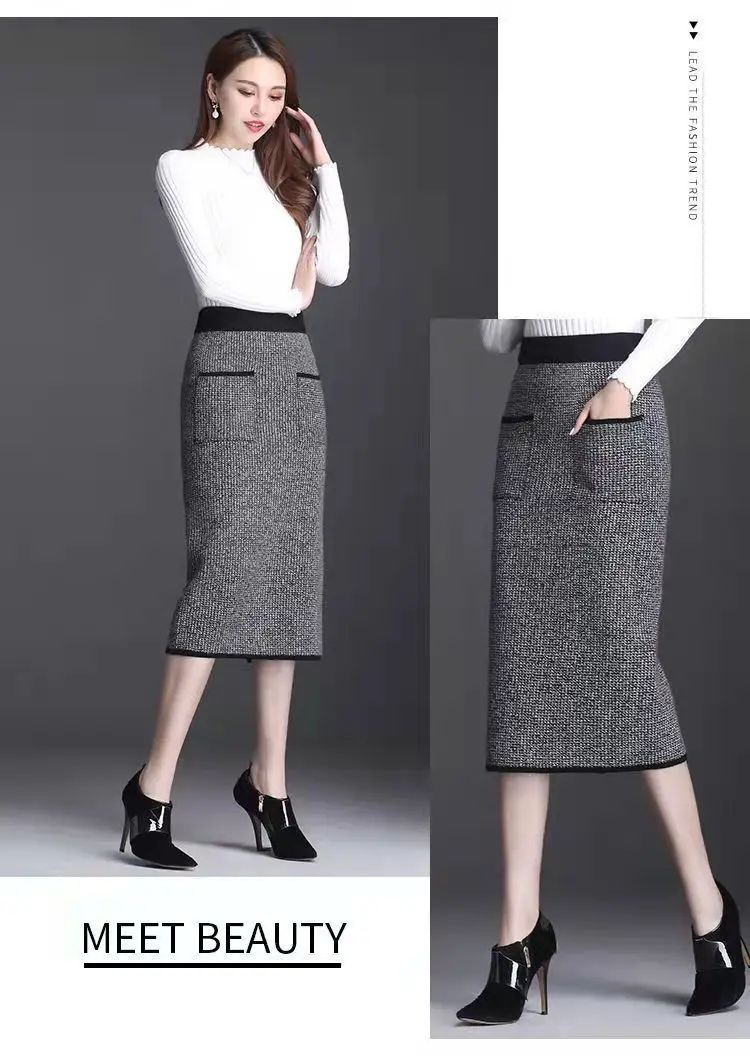 New Style Gold Mink Cashmere Elastic High Waist Office Lady Knee-length Skirts Solid Split Fork Hip Wrap Skirt High Elasticity