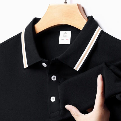 Men's Fashion Solid Short Sleeved Striped Lapel Polo Shirt Summer Breathable Comfortable Top
