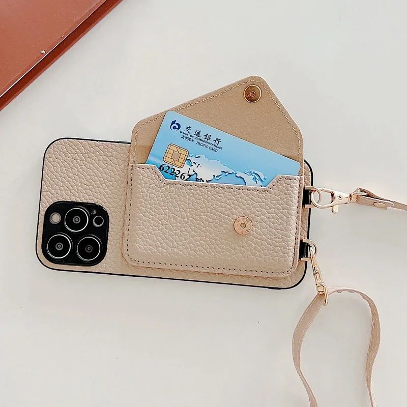 Capa de Couro com Alça Transversal e Suporte de Cartão para iPhone 17 Air 16 15 Plus 14 13 12 11 Pro Max