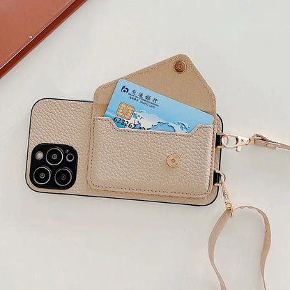Capa de Couro com Alça Transversal e Suporte de Cartão para iPhone 17 Air 16 15 Plus 14 13 12 11 Pro Max