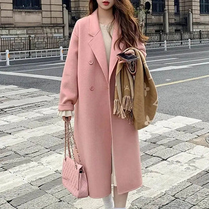Women Coat Double-Breasted Mid-length Outerwear Lapel Stylish Warm Mid-Length Double Pockets Winter Coat Lady Accessories