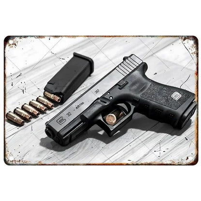 GUNHERO Pistol Metal Wall Signs - Bold Military Style - Perfect Decor for Man Caves, Homes, Bars & Garden Spaces