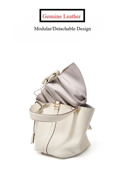 Genuine Leather Shoulder Bucket Bag Women Litchi Pattern Mini Basket Tote Soft Handbag Mommy Bride Wedding Bags with Lock