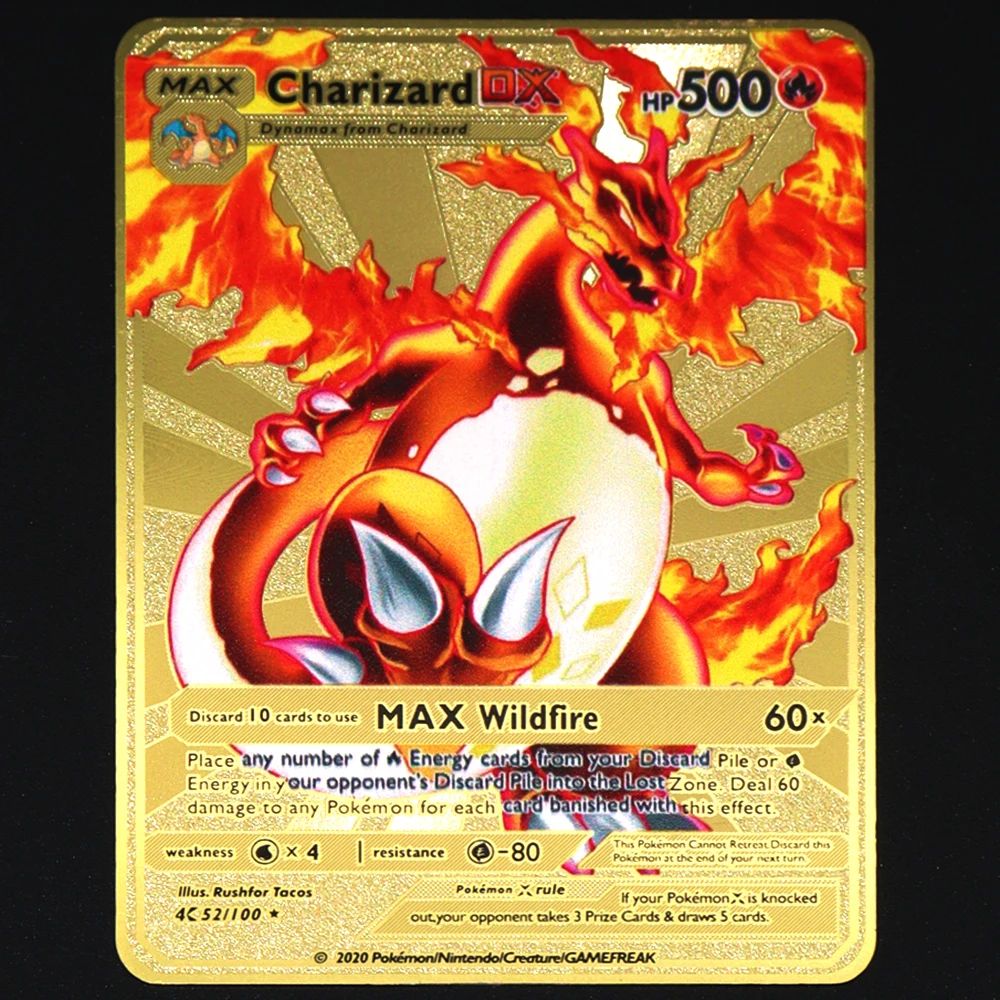 Pokémon 183200 Pontos Alto HP Cartas de Metal Douradas Pretas Inglês Francês Vmax Mega GX Coleção de Cards Charizard Pikachu Mewtwo