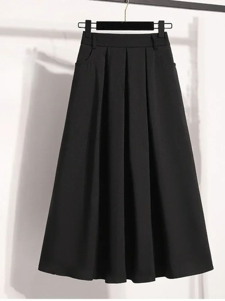 Solid Color Versatile Medium Length Skirt Pleated Plus Size A-Line Maxi Gown Cover Hip Spring Summer 2025 New Half-length Skirt
