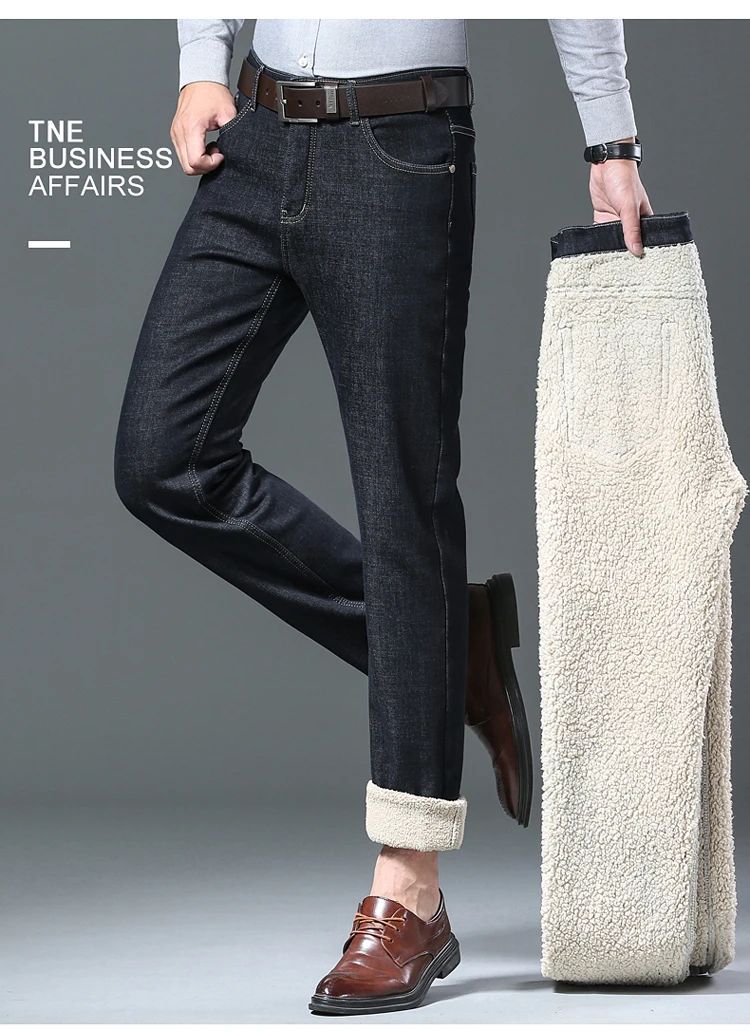 Calça Jeans Masculina de Lã Aveludada, Inverno, Forrada com Lã Grossa, Casual de Negócios, Reta, Jeans, Macia, Confortável, Térmica, Elástica, Calças Masculinas