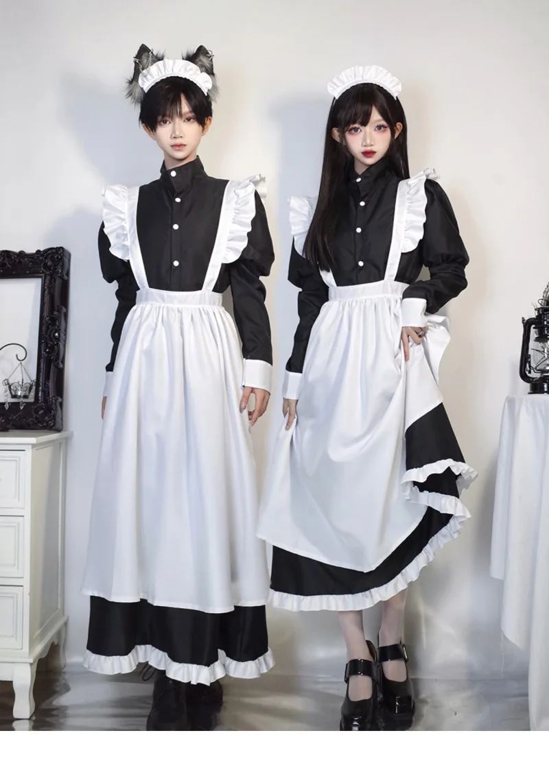 Japanese Style Maid Outfit Black White Long Dress Lolita Unisex Men Women Halloween Costume Uniform Full Set Adults Plus Size