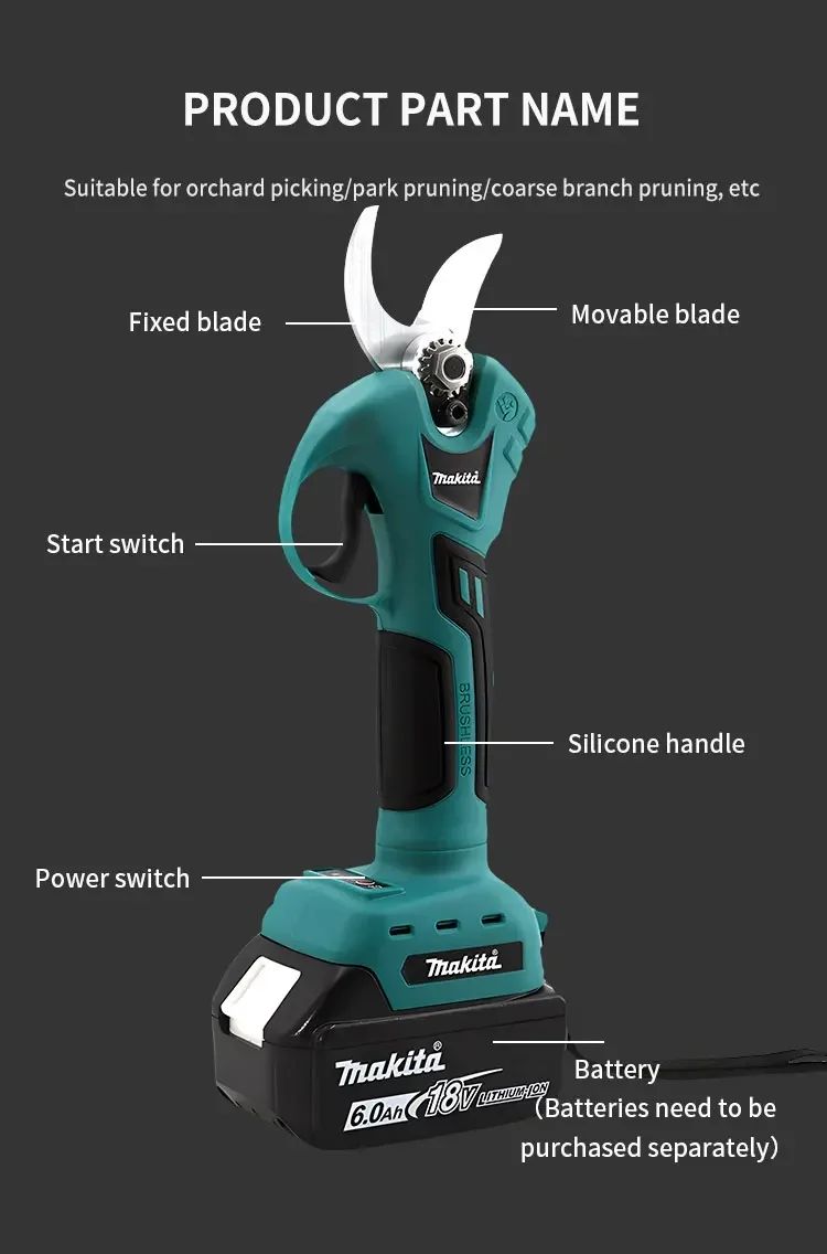Tesoura de Poda Elétrica a Bateria Makita 18V sem Escovas 45mm Cortador de Galhos 1500W de Alta Potência para Jardim Tesoura de Poda de Árvores Bateria de Íons de Lítio