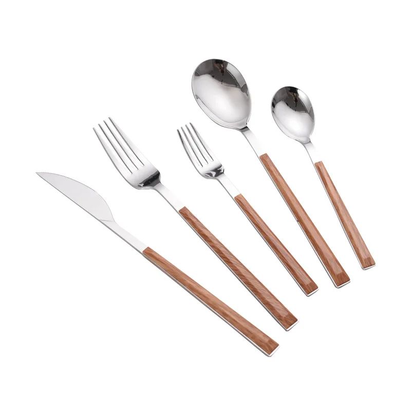 Conjunto de 5 Peças de Talheres Faca Garfo e Colher Conjunto de Talheres de Aço Inoxidável Cabo de Madeira de Imitação Conjunto de Talheres Fácil de Limpar e Reutilizável