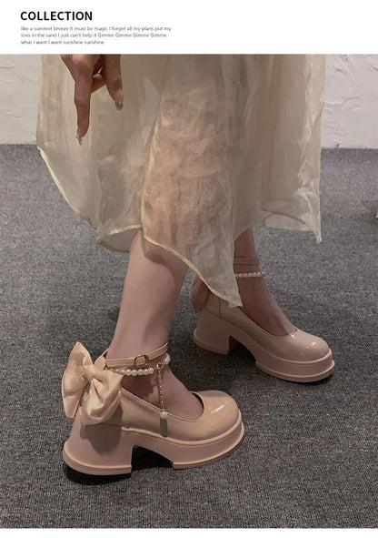 Women Thick Platform Mary Janes Lolita Shoes Party Pumps Summer 2024 New High Heels Sandals Bow Chain Mujer Shoes Oxford Zapatos