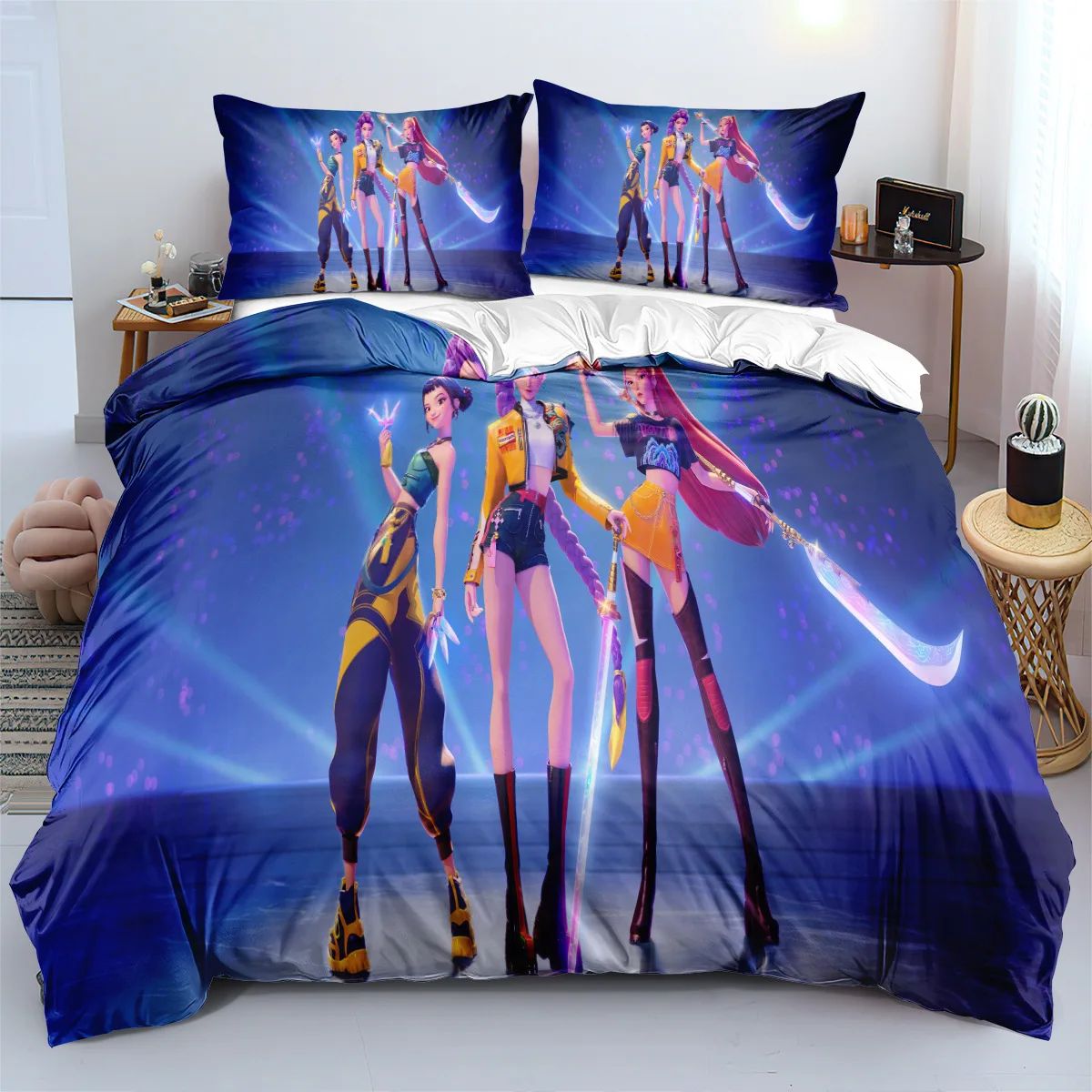 Conjunto de Cama Rumi K-Pop Caçadores de Demônios Temático 2 Lados Estampa Colorida Poliéster Lençol de Dormitório Estudantil Capa de Edredom Presente Infantil