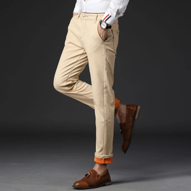 Winter Men Korean Fashion Straight Leg Pants Winter Snow Warm Thermal Thicken Casual Pants New Fleece Slim Fit Business Trousers