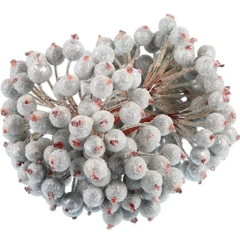 Wholesale Artificial Frosted Berry Mini Double Head Christmas Holly Red Gold Silver Berries Flowers Wreath Xmas Party Decoration