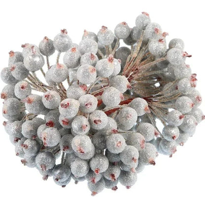 Wholesale Artificial Frosted Berry Mini Double Head Christmas Holly Red Gold Silver Berries Flowers Wreath Xmas Party Decoration
