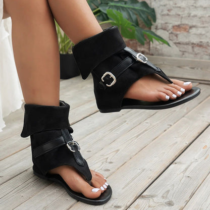 New  Summer Clip Toe Roman Sandals Denim Belt Buckle Large Size High Top Herringbone Flat Boots Women Dressy Casual Sandals