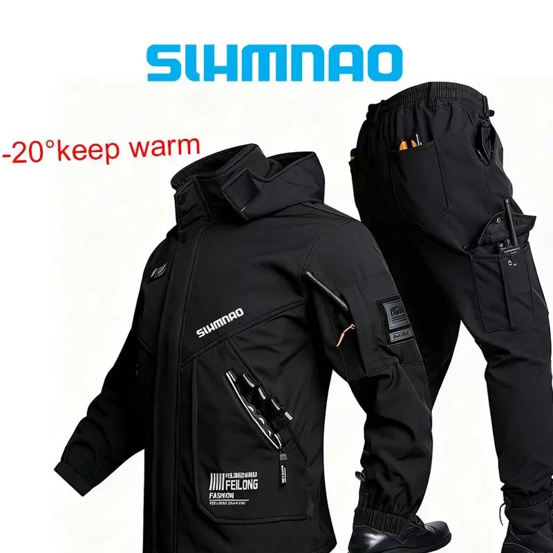 Conjunto de Pesca Masculino de Inverno 2025 Novo Impermeável e Quente Engrossado, Calça de Neve de Algodão, Conjunto Quente de Montanhismo à Prova de Vento